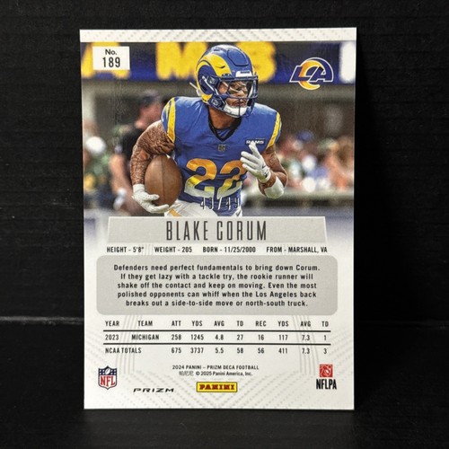 2024 Panini Prizm Deca Blake Corum Orange Prize Rookie RC #/49 Rams - Picture 2 of 3