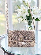 Tory Burch Snake Embossed Animal Print Beige Crossbody Bag Detachable Strap
