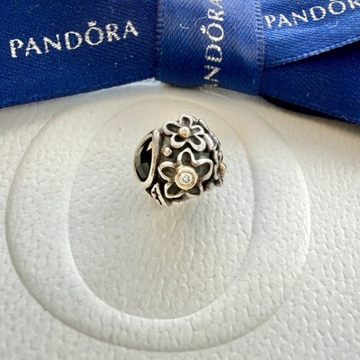 Authentic Pandora Gold Two Tone Diamond Black Onyx Flower Dew Drops Charm 790540