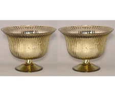 Compote Bowl Vase Glass Gold Mercury Fluted  8"Dia 6"High Set/2