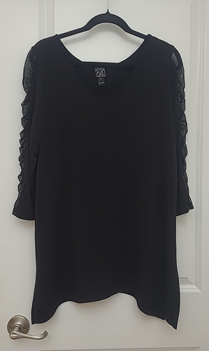 Clara Sun Woo Women's Top Tunic Size M Black Mesh Sleeve Blouse V-Neck see pics