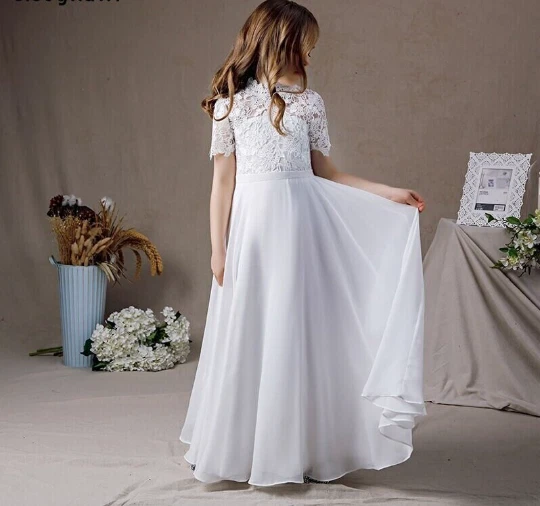 White High Neck Chiffon First Communion Dress Lace Short Sleeve Bridesmaid Dress - Image 4 of 4
