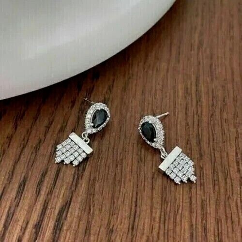 2 Karat schwarzer Diamant birnengeschnittener Labor erstellt Tropfen hängender Ohrring 14k weiß vergoldet - Bild 3 von 6
