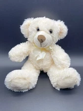 9 Inch Fluffy Teddy Bear Plush Cream Colored Stuffed Animal W/ Ribbon Bow Tie