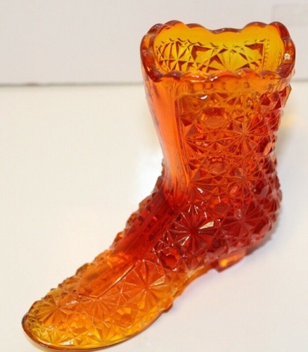 AMBERINA FENTON ORANGE GLASS DAISY & BUTTONS VICTORIAN BOOT WITH STICKER-VINTAGE - Picture 3 of 6