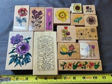 Lot of 15 Rubber Stamp Wood Mounted Used New Floral Theme and Flowers
