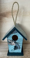 Teal Painted Decoupaged Dragon Origami Paper Wooden Mini Birdhouse