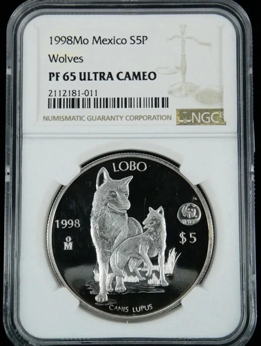 1998 Mexico 5 Peso Wolves NGC PF 65 ULTRA CAMEO