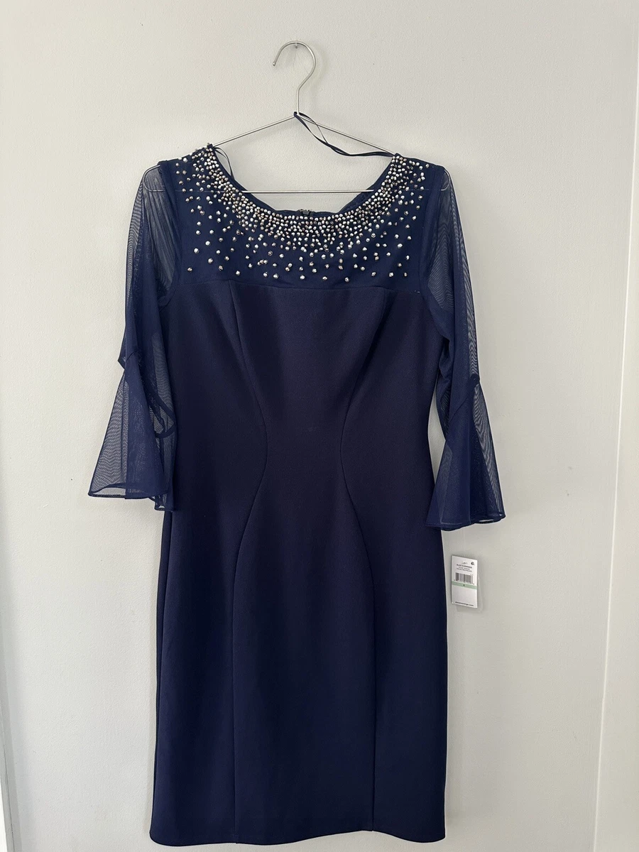 Alex evenings illusion mesh bell shop sleeve crepe sheath dress