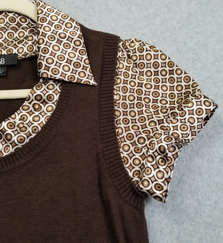 Suéter AGB Para Mujer Pequeño Marrón Blanco Geométrico Mangas Cortas Tejido Carrera Preppy Foto 3 de 4