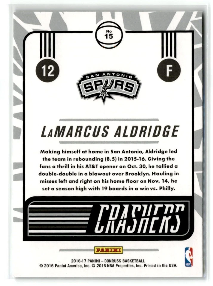 LaMarcus Aldridge San Antonio Spurs 2016-17 Donruss Crashers #15 - Image 2 of 2