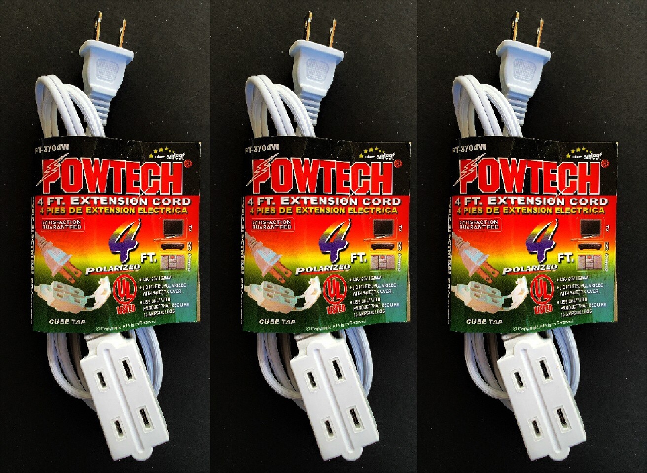 3 Pack White 4ft Electrical 3 Outlet Extension Cord 2 Prong 3-Way Power Splitter