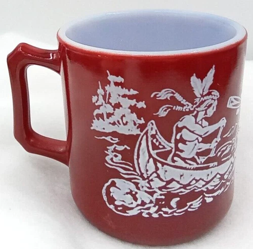 Hazel Atlas Child Mug Drinking Milk Glass Handle Oar Canoe Reddish Brown Vintage
