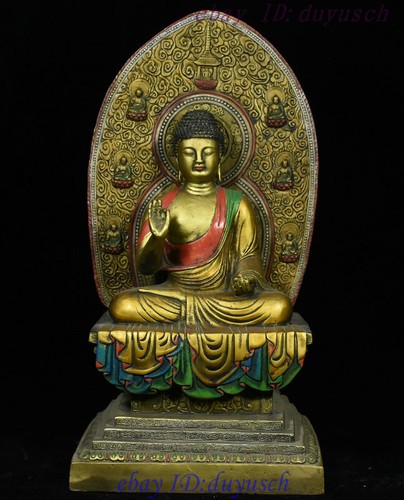 16“ Old Tibet Buddhism Bronze Painting Sit Sakyamuni Mahavairocana Buddha Statue - Picture 2 of 12