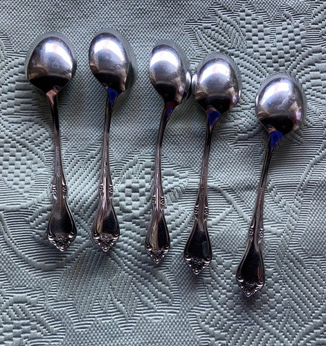 Vintage Stainless Japan Flatware Creon By AMC Soup Spoons Set 5 Rose Tip Scroll - Picture 4 of 7