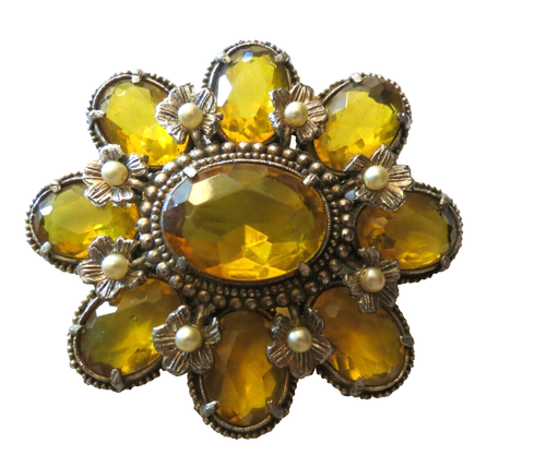 Antique Huge Brooch Big Glass Oval Stones Base Metal Flower Motif Faux Pearl 3" - Picture 3 of 6