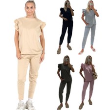 Ladies Womens Tracksuit Frill Peplum Sleeve Boxy Top Bottom Lounge Wear Set UK