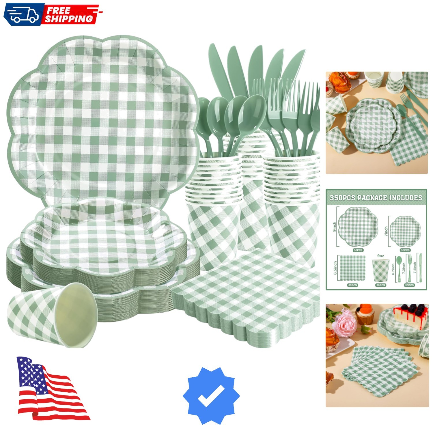 350 Pcs Sage Green Gingham Paper Plates and Napkins Party Supplies - Sage Gre...