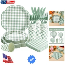 350 Pcs Sage Green Gingham Paper Plates and Napkins Party Supplies - Sage Gre...