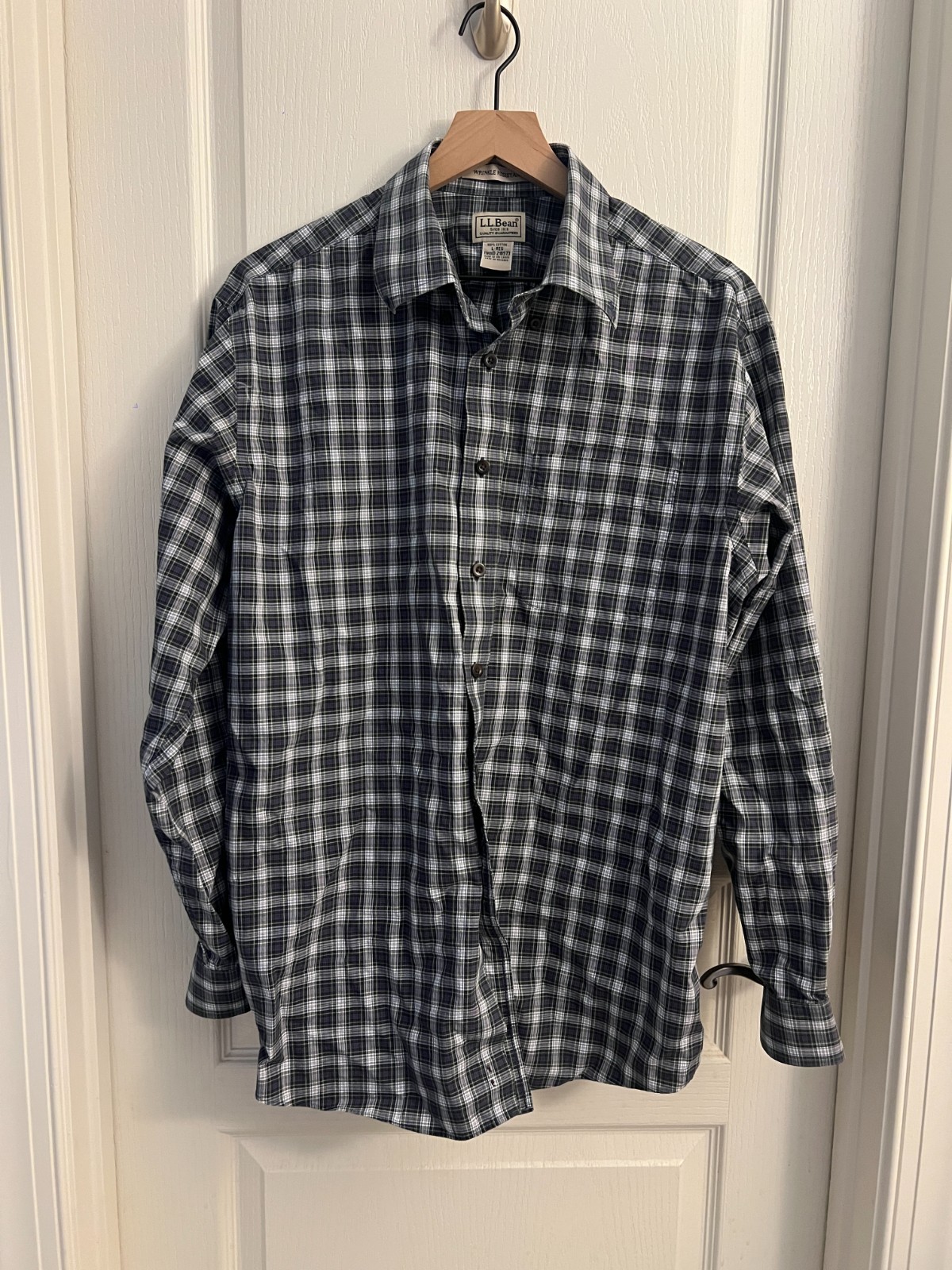 LL Bean Mens Classic Vintage Plaid Purple/Green/White Button Long Sleeve - Large