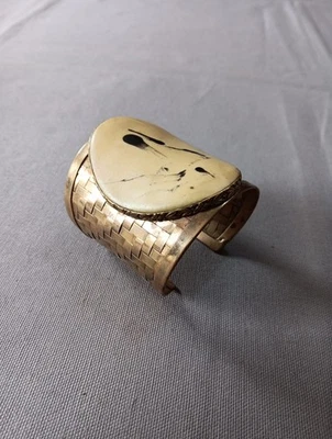 Gros Bracelet Vintage Cuir Et Cuivre Tressé L 7cm Diam. 6cm - Photo 1/4