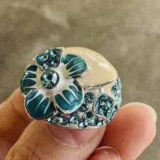 Floral Enamel Statement Ring in Cream and Teal Size 7