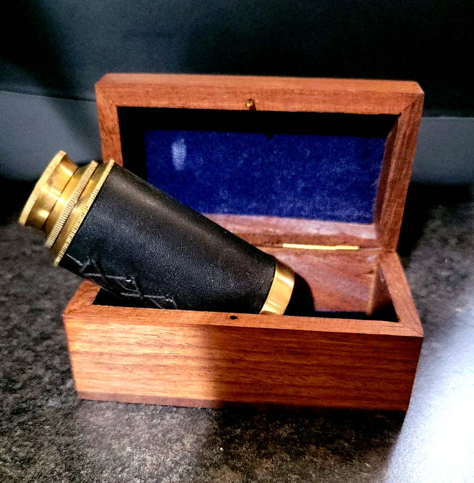 A leather-wrapped brass spyglass in a wood box — looks like it belongs in a pirate's chest, and it's an instantly giftable package at a great price.
