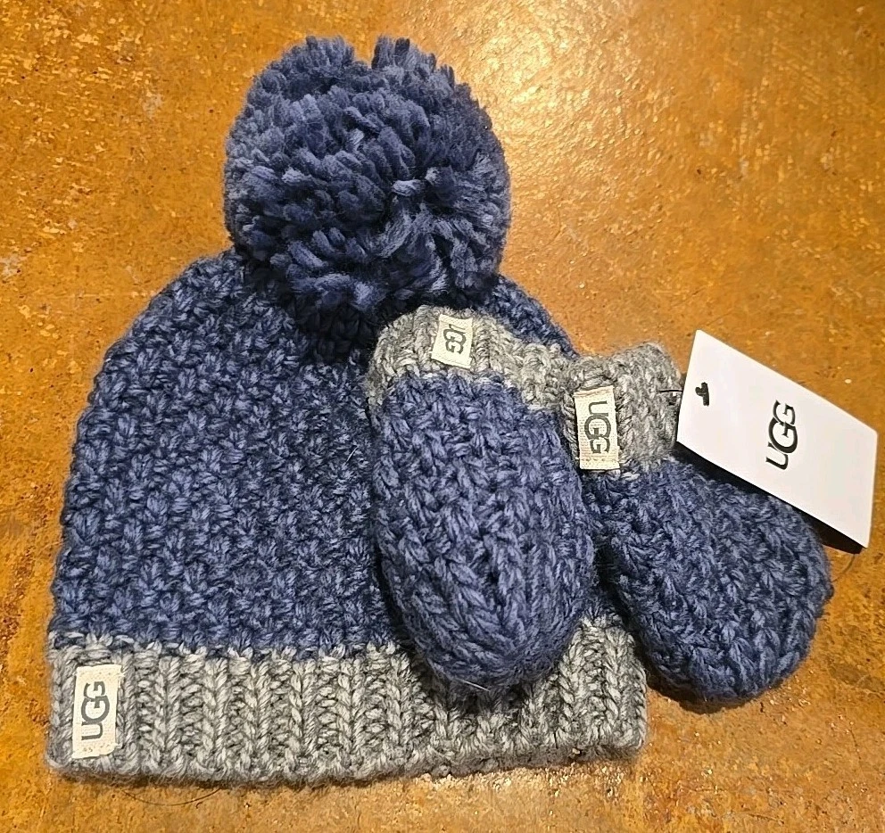 New Ugg Os Infant Hat & Mitten Knit Set Blue/ Gray