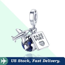 KUNSIR 925 Sterling Silver Charm For Bracelet Airplane Passport Globe Pendant