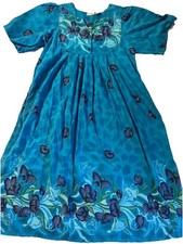 Vtg Phases Tropical Floral Cotton House Patio Dress Blue Hawaiian Midi MuuMuu S