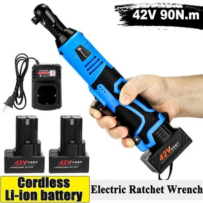Cordless Electric Ratchet Wrench 3/8'' 42V 66Ft-lbs Impact Wrench Kits+2 Battery