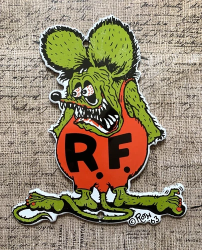 VINTAGE RF RATFINK 8x6.5" MOTOR OIL PETROLEUM PORCELAIN GAS PUMP STATION SIGN
