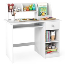 Wooden Kids Desk Children Study Table with Drawer Tabletop Bookshelf White