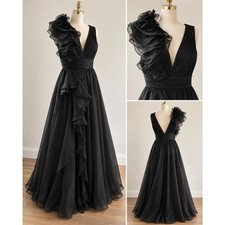 Mac Duggal Black One-Shoulder Ruffle Chiffon Gown Size 4