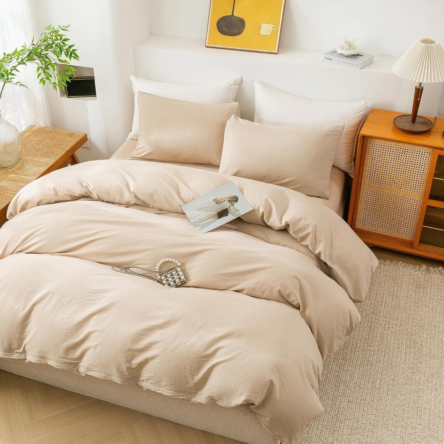 Beige Cotton Duvet Cover Bedding Set with buttons in king Twin XL and other size