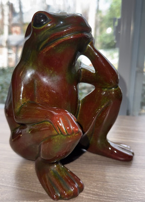 Vintage Arnel's Ceramic Thinking Frog Brown with Green Drip Glaze Glossy MCM 7''