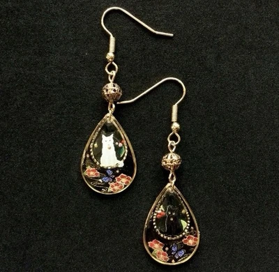 Handmade White & Black Cat Resin Dangle Earrings Oriental Floral Hook Jewelry - Image 1 of 4