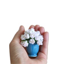Miniature paper flower rose ceramic blue vase 1:6 scale dollhouse decoration