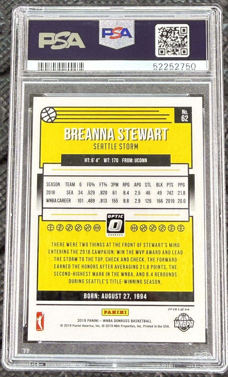 2019 Donruss WNBA Breanna Stewart Optic Holo PSA 10 Stewie NY Liberty view 2