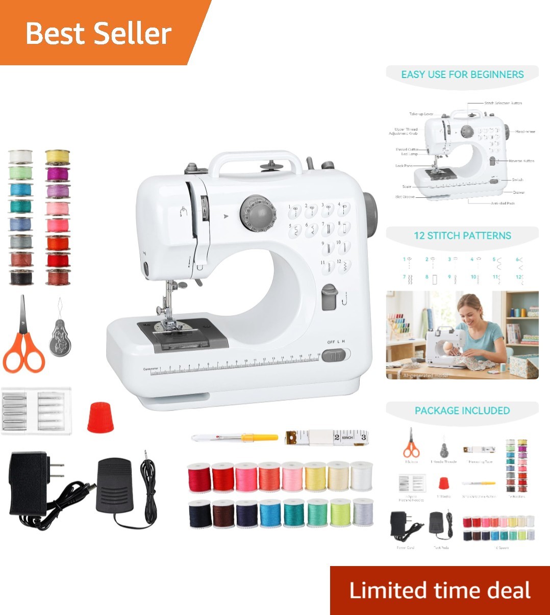Compact Sewing Machine with 12 Stitches & Accessories - Ideal for Quick Repairs