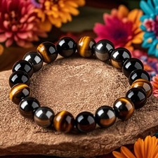 Tiger Eye Black Obsidian Hematite 10mm Beads Triple Protection Stretch Bracelet
