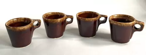 Set of 4 Vintage Hull Pottery Oven Proof USA Brown Drip Glaze Coffee Mugs Cups
