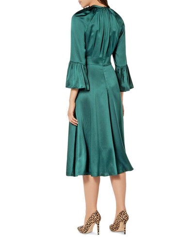 LK L.K.BENNETT Green Flare Flute Sleeve High Shirred Neck Pleat Silk Flow Dress6 - Picture 3 of 15