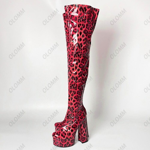 Women Platform Thigh High Boots Chunky Heel Round Toe Violet Party Shoes US 5-15 - Picture 36 of 43