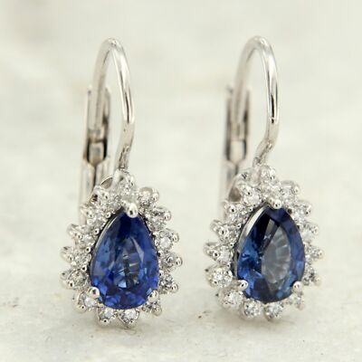 Boucles D'oreilles Pendantes En Or Blanc 18 Carats Avec Saphir Et Diamant - Dormeuses - Neuf Avec étiquettes
