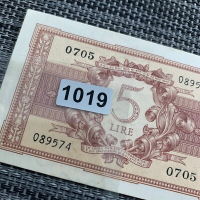 Italy 5 Lire Banknote 1944 WWII Era Italian Currency WW2 Paper