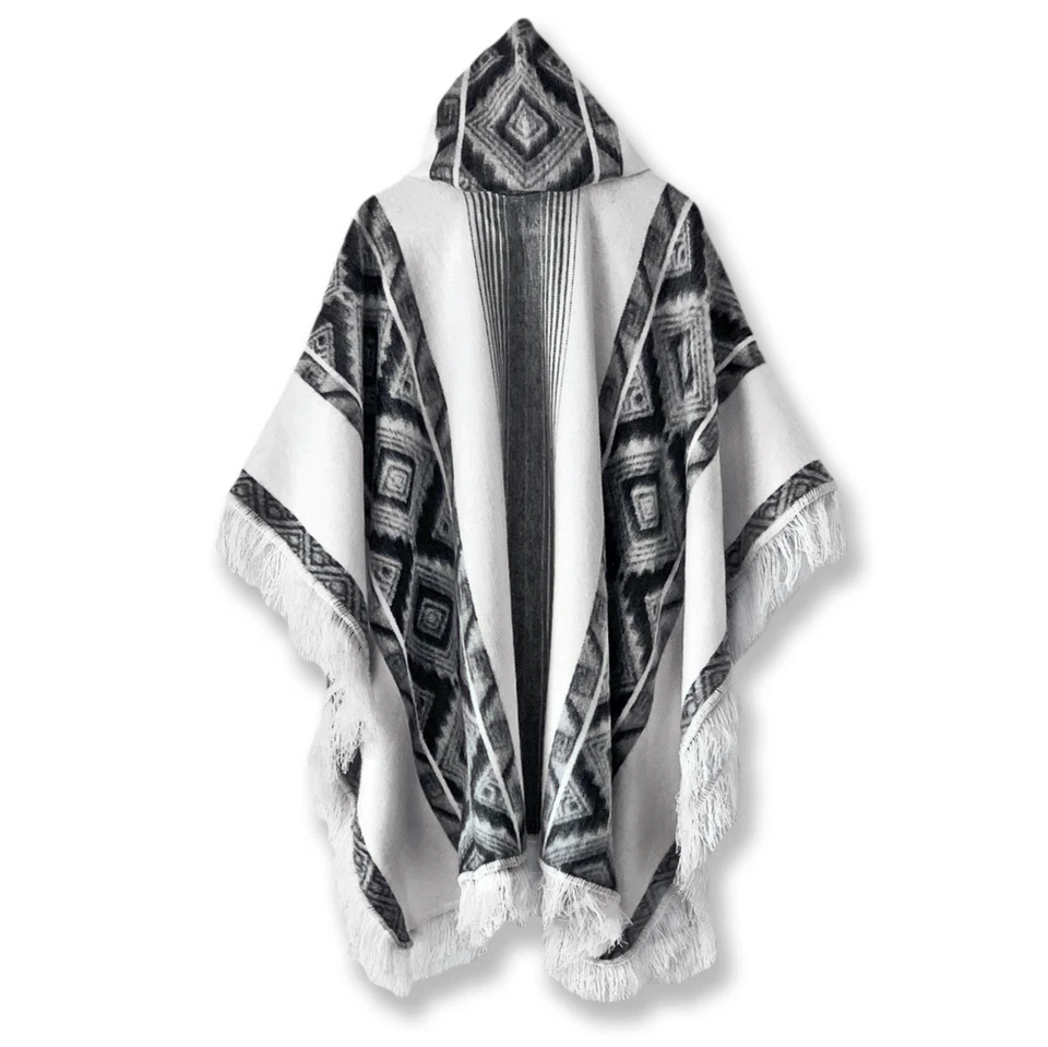 Poncho Pullover Ligero BABY ALPACA Lana Con Capucha Flecos UNISEX Hecho a Mano Foto 2 de 4