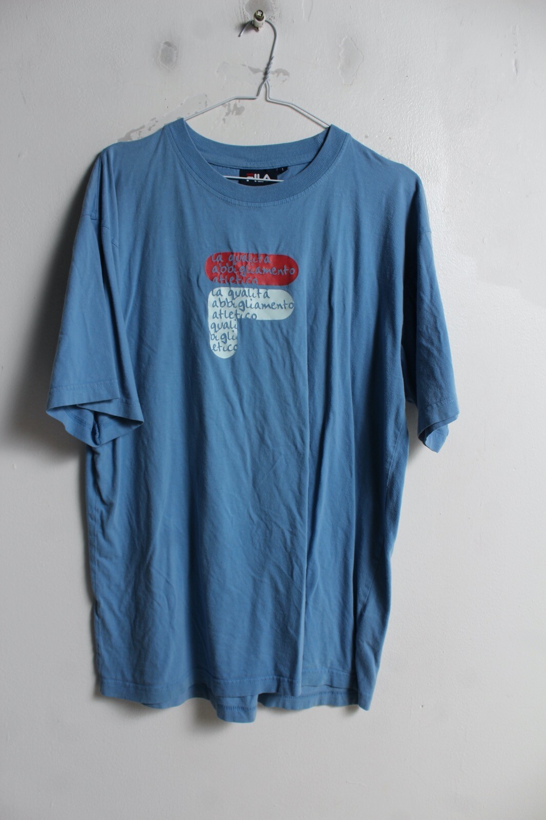 T shirt vintage FILA con logo grande blu taglia grande L (K42)