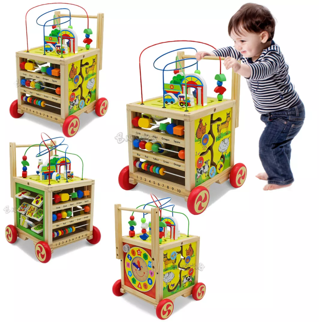 Carrello primi passi multiattività in legno con giochi per bambini