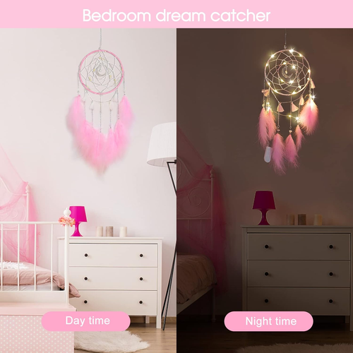 Dream Catcher with Lights Pink Feather Wall Decor for Kids Bedroom Gift - Picture 4 of 12
